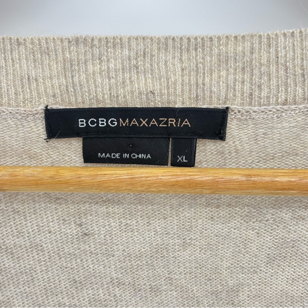 BCBG MAXAZRIA V-neck Sweater Angora/Wool/Nylon Women Size XL‎ Tan Tunic Pockets - Picture 7 of 11